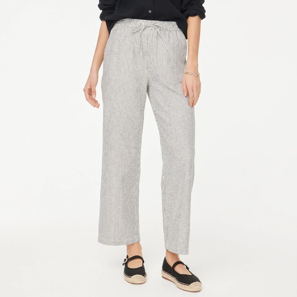 New JCREW Size 2 Linen-Blend Slim Wide-Leg Drawstring Pant Black Stripe $89 - Picture 2 of 5